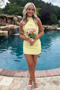 Halter Yellow Satin Tight Short Dress