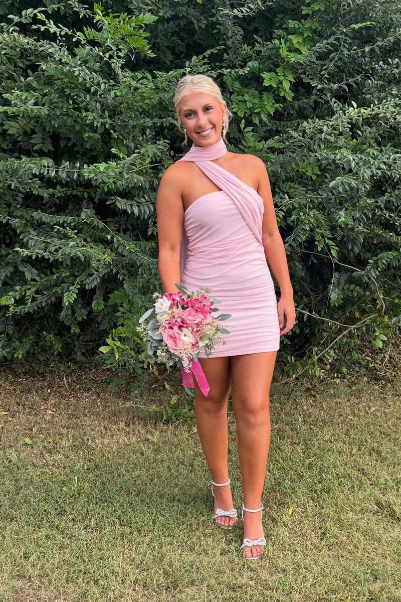 One Shoulder Pink Tight Short Dress