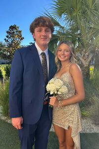 Champagne Sequin Ruched Tight Dress with Train