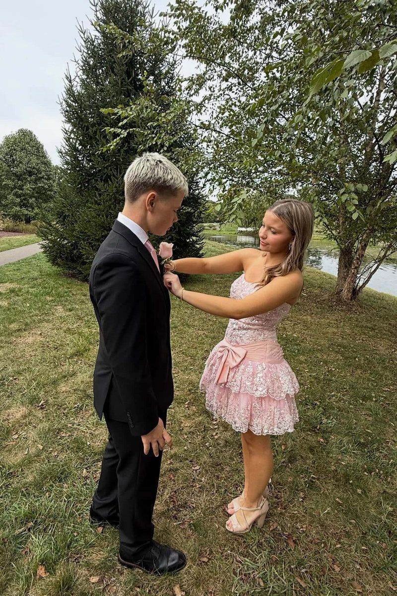 Strapless Pink Appliques Tiered Short Dress