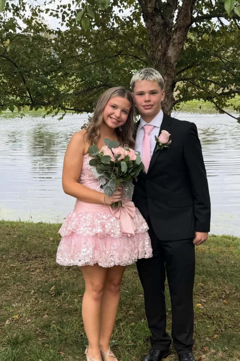 Strapless Pink Appliques Tiered Short Dress