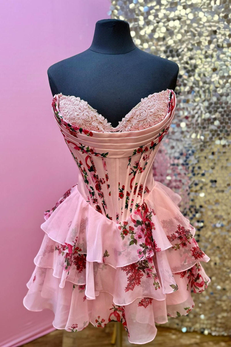 Pink Floral Corset A-line Short Ruffle Dress