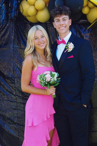 Strapless Hot Pink Chiffon Ruffle Long Party Dress