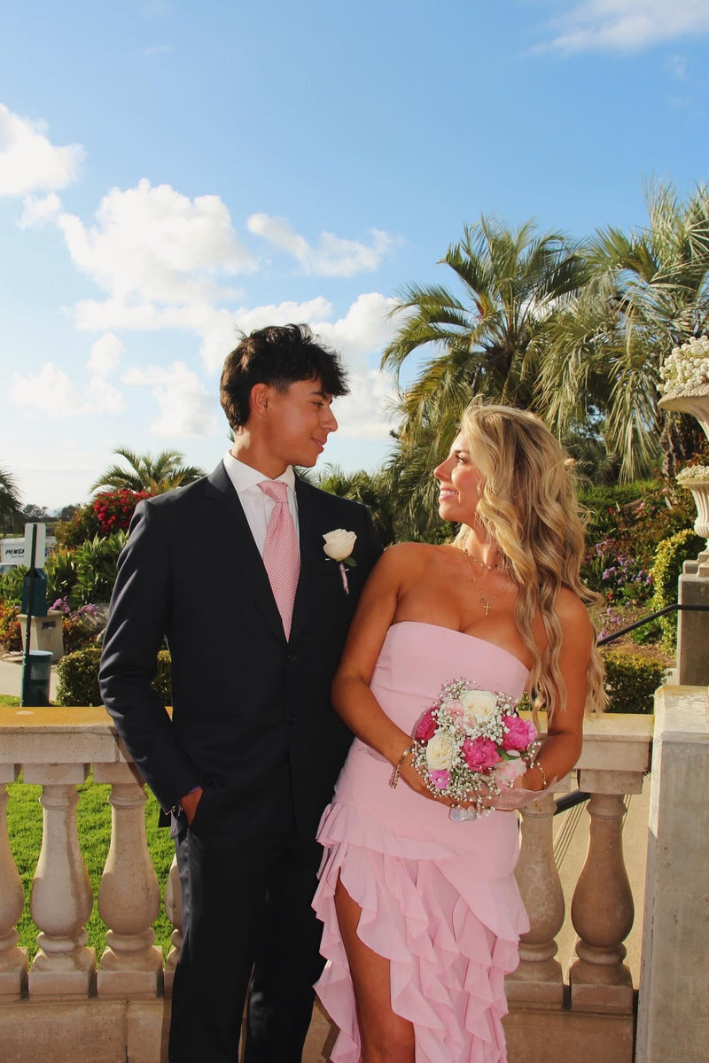 Strapless Pink Fitted Ruffle Slit Long Dress