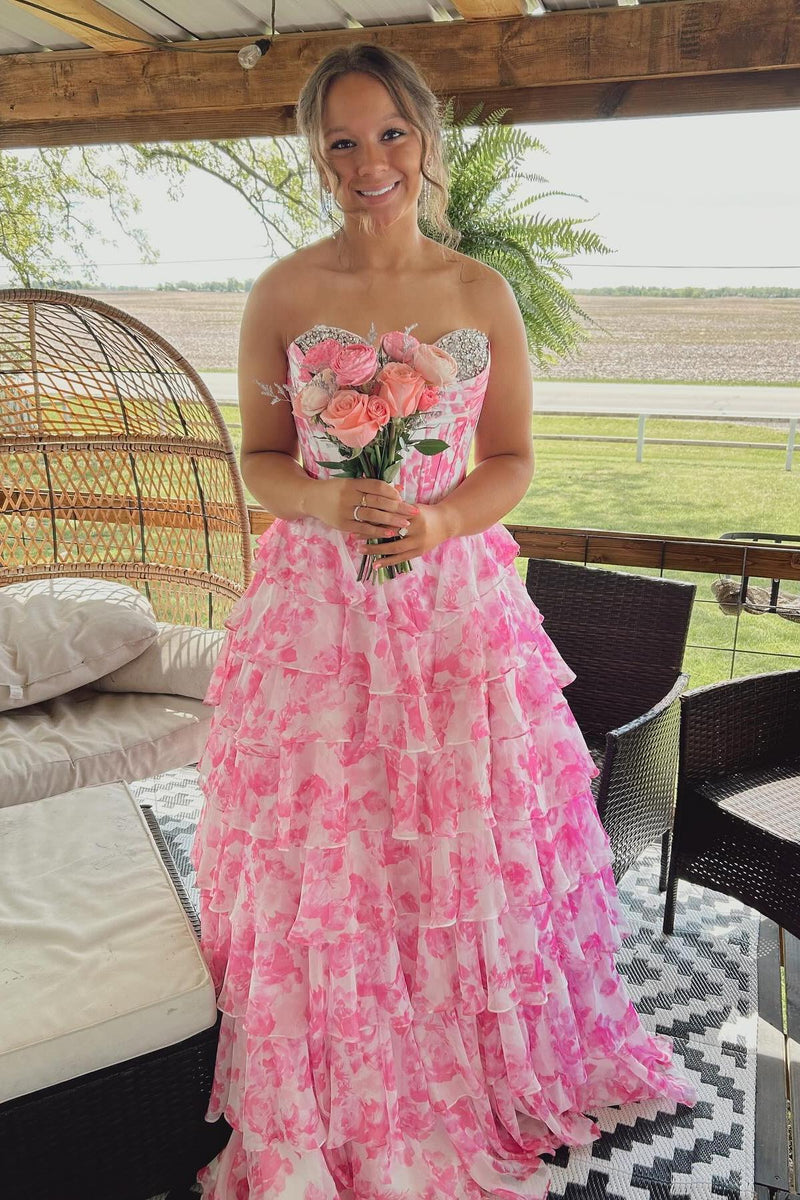 Pink Floral Beaded Sweetheart Tiered Long Formal Dress