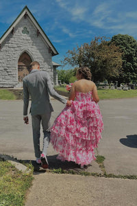Pink Floral Beaded Sweetheart Tiered Long Formal Dress