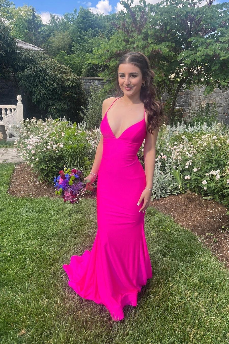 Straps Hot Pink Satin Mermaid Formal Dress