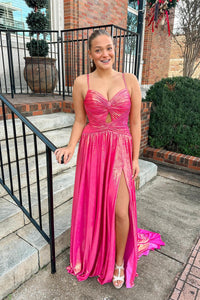 Straps Fuchsia Metallic Twist Pleated Long Dress