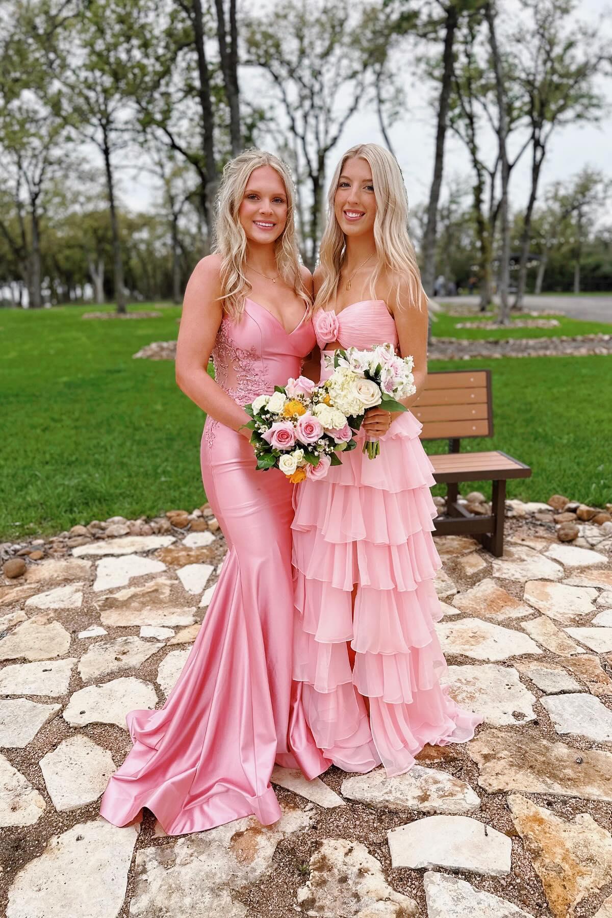 Strapless Pink Tiered Rosette Keyhole A-line Formal Dress