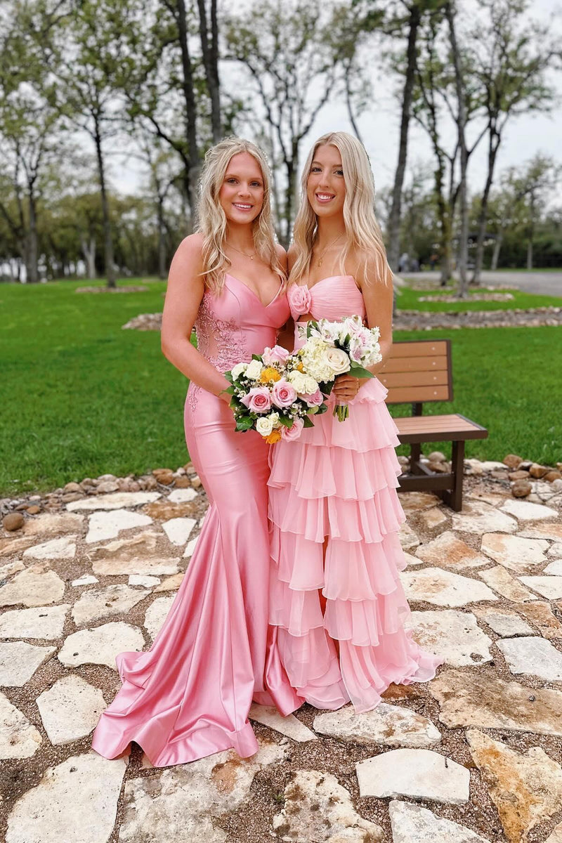 Strapless Pink Tiered Rosette Keyhole A-line Formal Dress