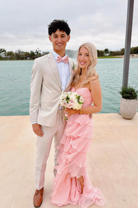 Strapless Pink Tiered Rosette Keyhole A-line Formal Dress