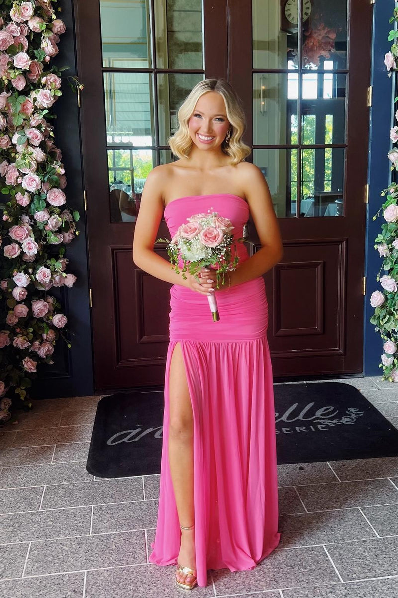 Strapless Hot Pink Chiffon Ruched Long Party Dress