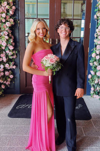 Strapless Hot Pink Chiffon Ruched Long Party Dress