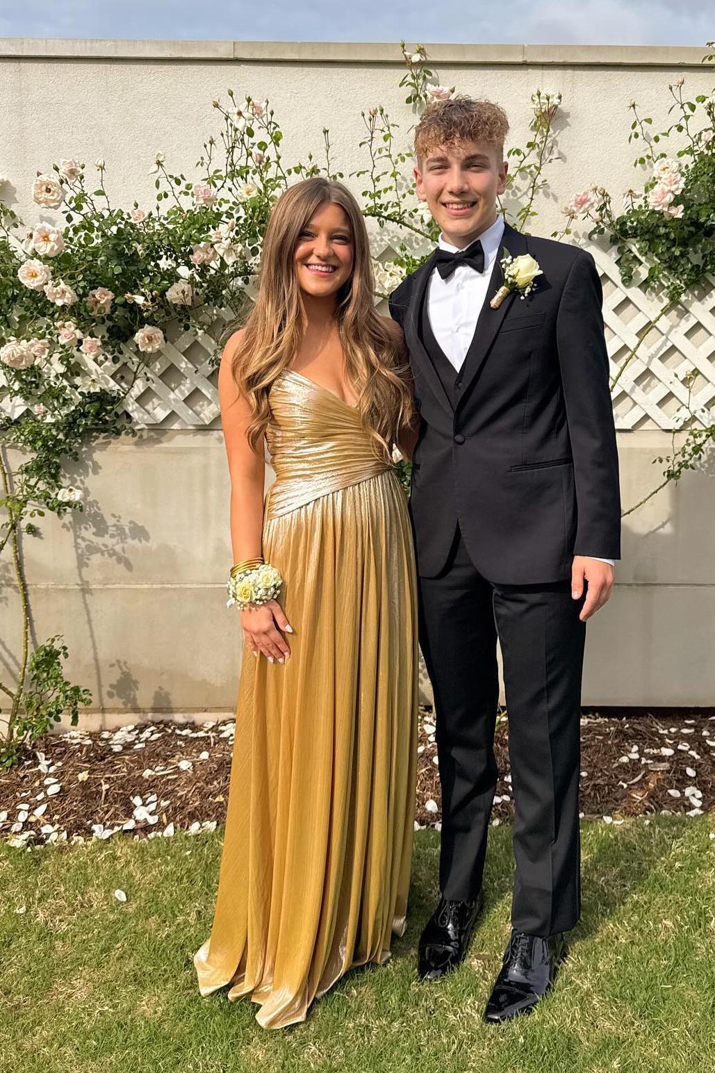 Spaghetti Straps Champagne Metallic Pleated Long Party Dress