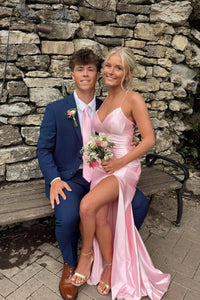 Straps Pink Satin V Neck Mermaid Long Formal Dress