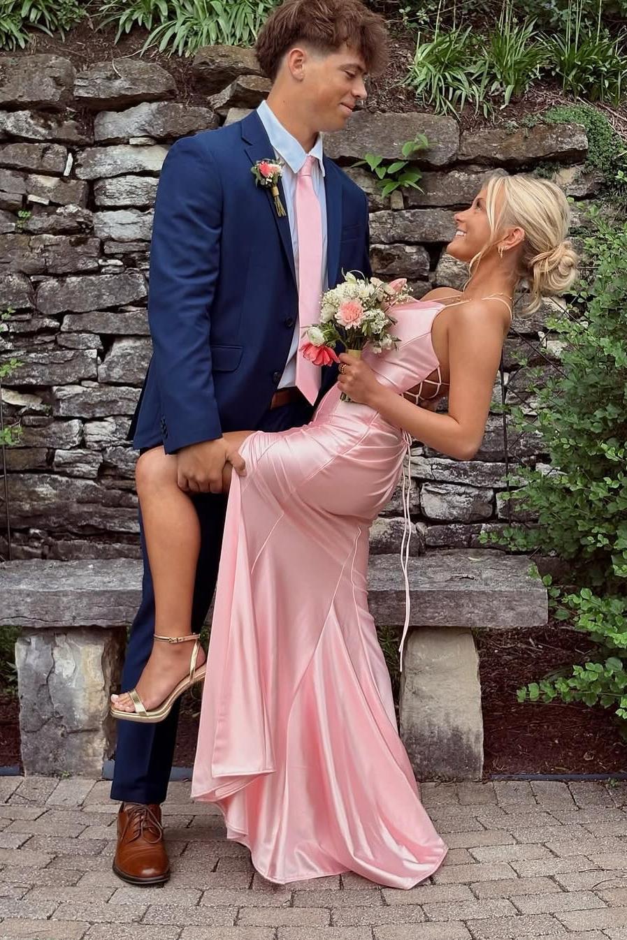 Straps Pink Satin V Neck Mermaid Long Formal Dress