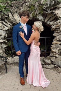 Straps Pink Satin V Neck Mermaid Long Formal Dress