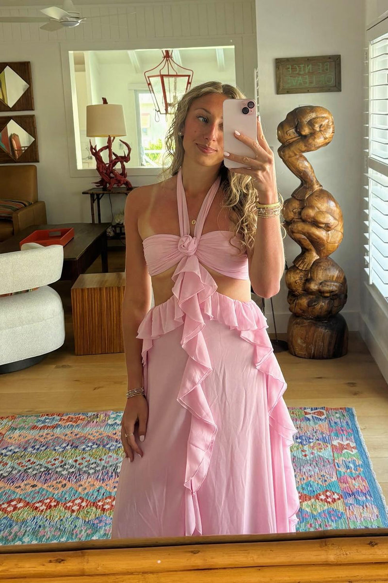 Halter Pink Chiffon Cutouts Ruffle Maxi Dress