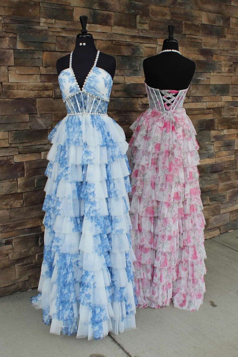 Halter Pink Floral Pearls Long Ruffle Dress