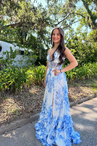 Halter Pink Floral Pearls Long Ruffle Dress