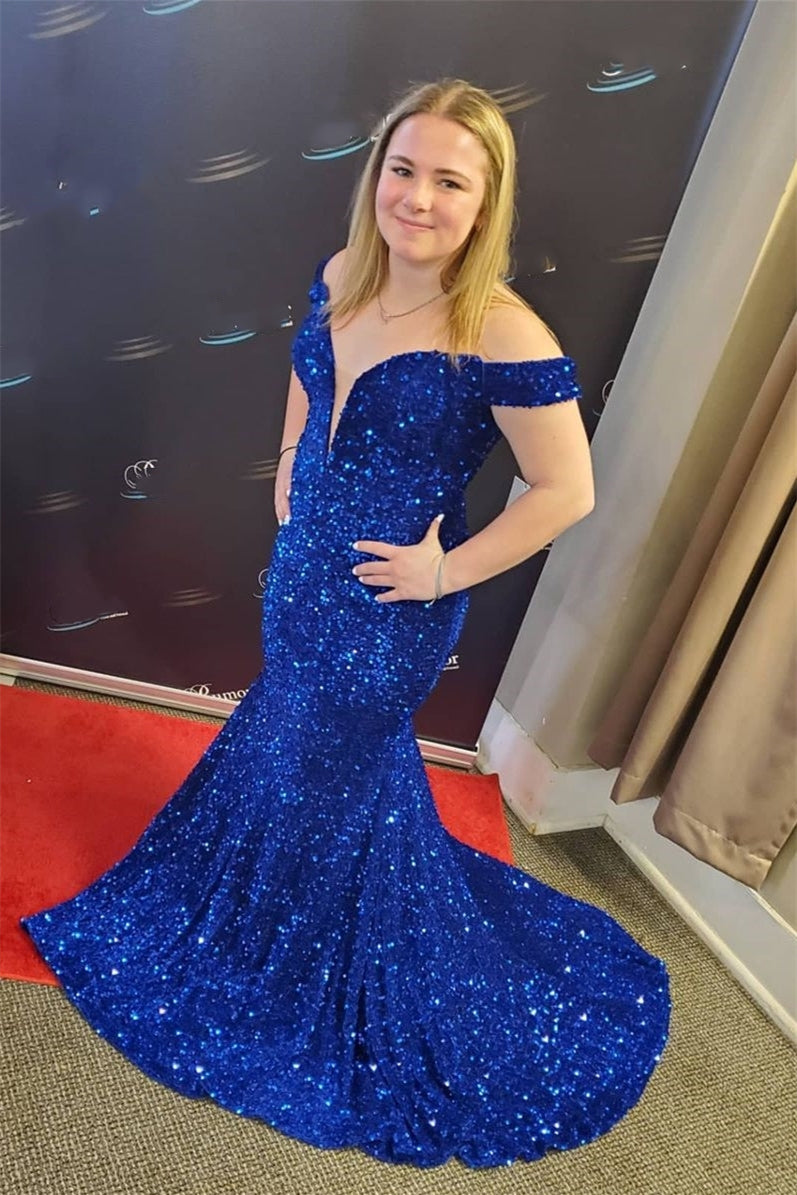 Off the Shoulder Royal blue Sequin Mermaid Long Prom Dress