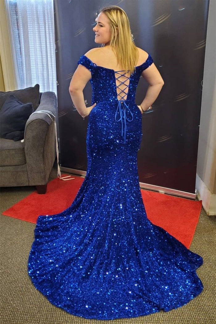 Off the Shoulder Royal blue Sequin Mermaid Long Prom Dress