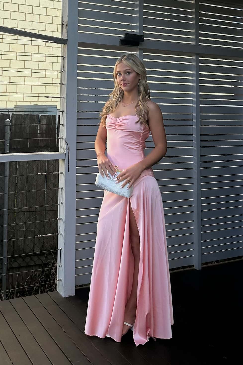 Double Straps Peach Ruched Long Dress with Slit