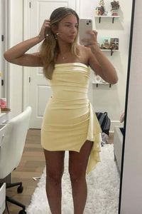 Strapless Yellow Pleated Short Dress with Train