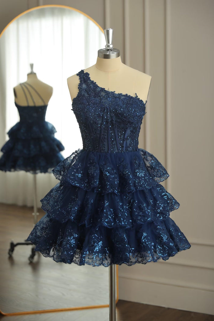 Dark Navy One Shoulder Appliques Multi-Layers Tulle Homecoming Dress