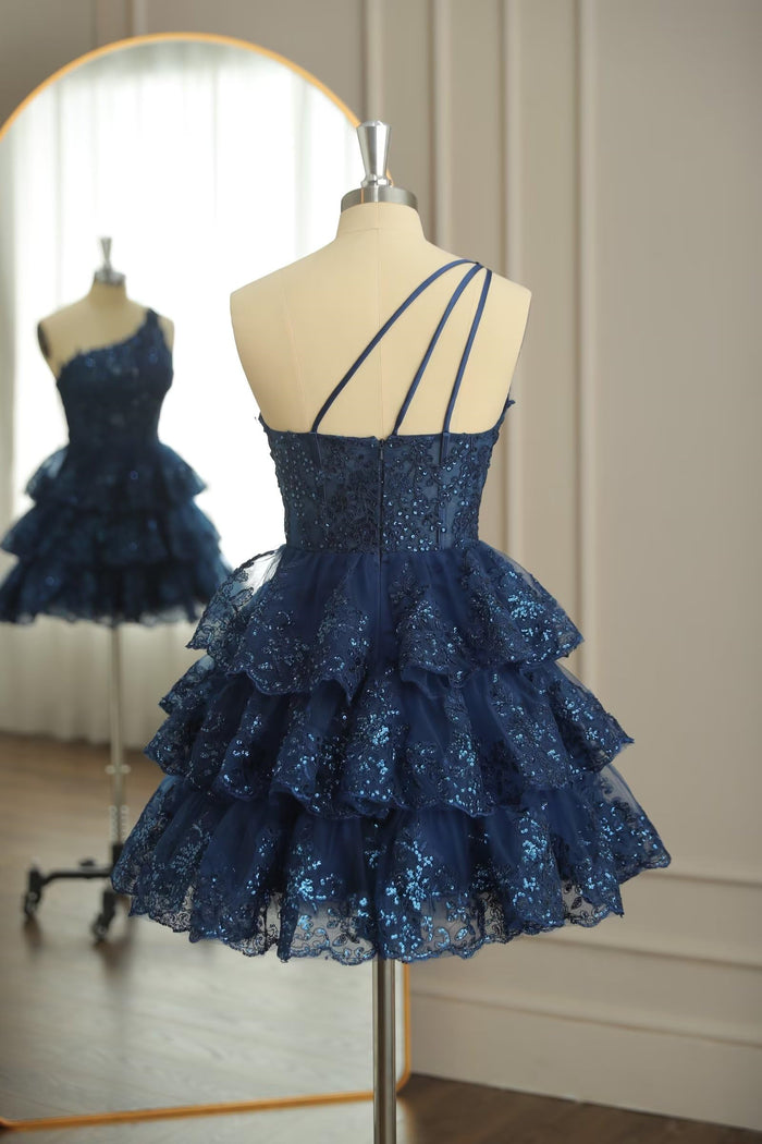 Dark Navy One Shoulder Appliques Multi-Layers Tulle Homecoming Dress