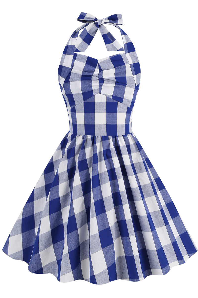 Blue Halter 1950s Plaid Dress