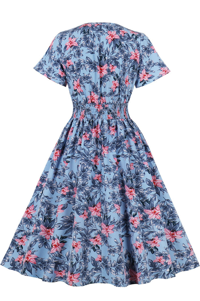 Blue Floral A-line V Neck Vintage Dress