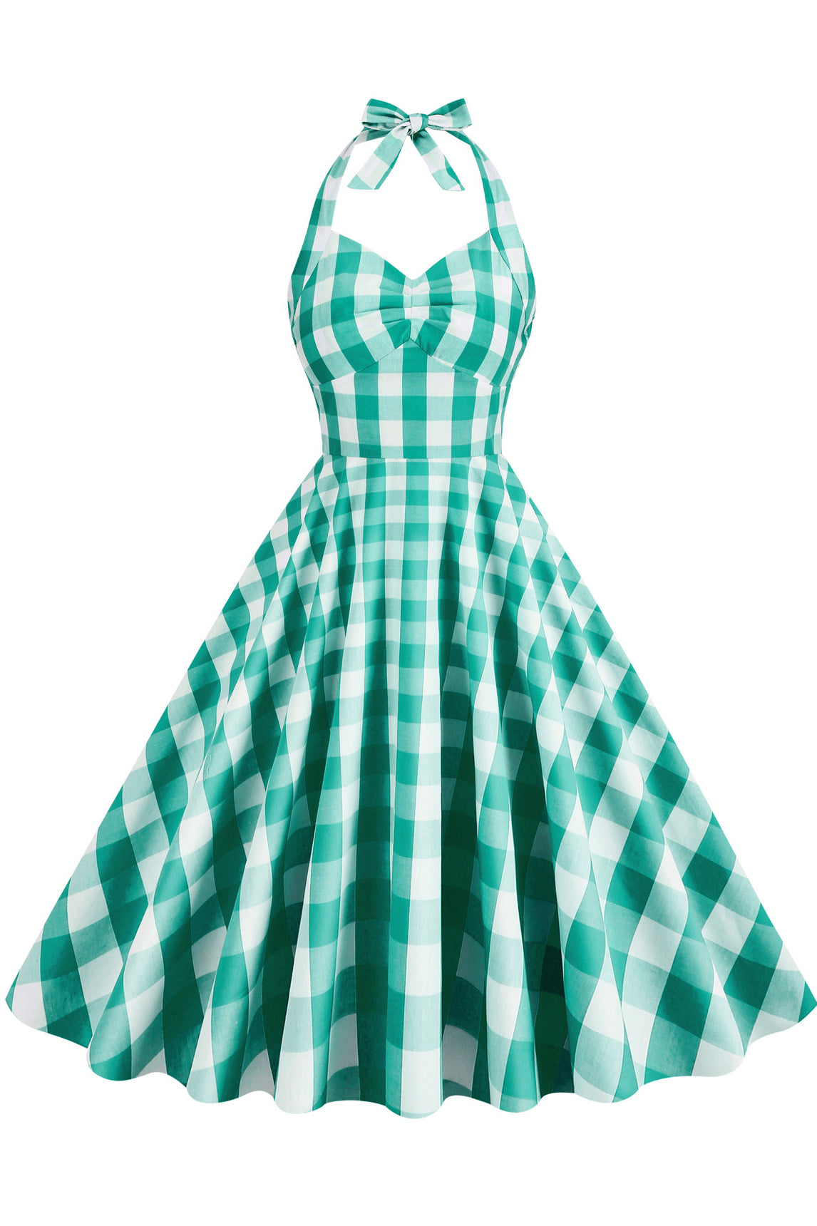 Herbene Green Plaid Bow Tie Halter Dress