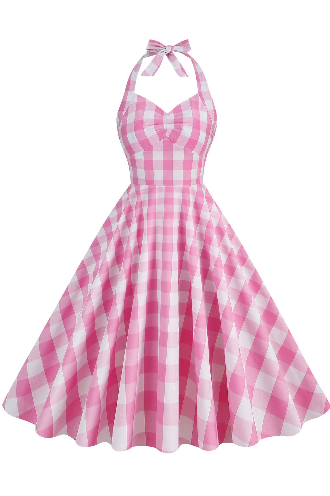 Herbene Pink Plaid Bow Tie Halter Dress