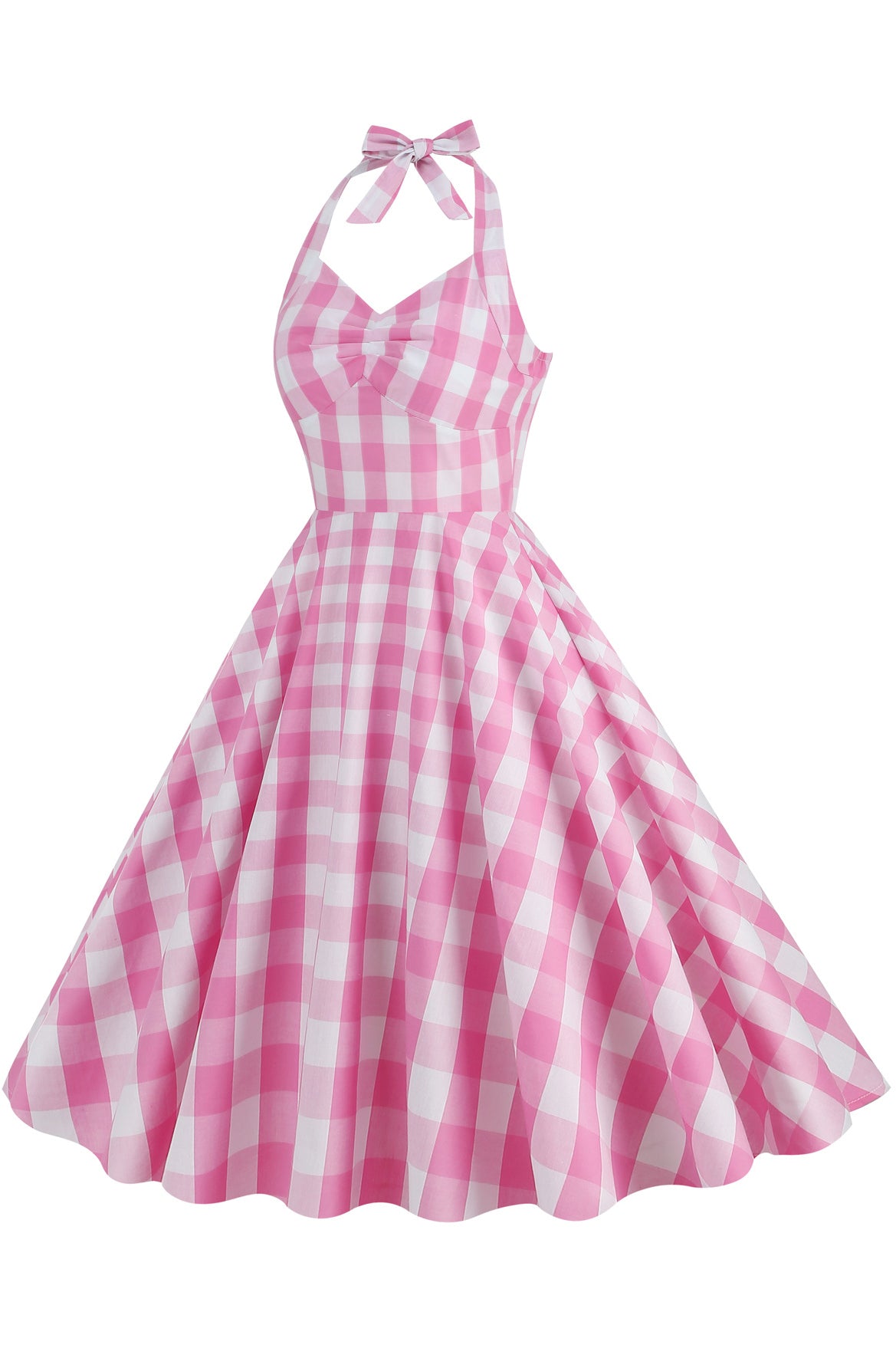 Herbene Pink Plaid Bow Tie Halter Dress