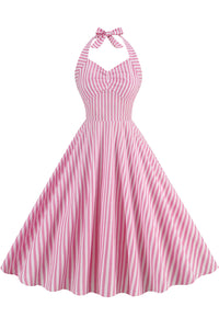 Herbene Pink Striped Bow Tie Halter Dress