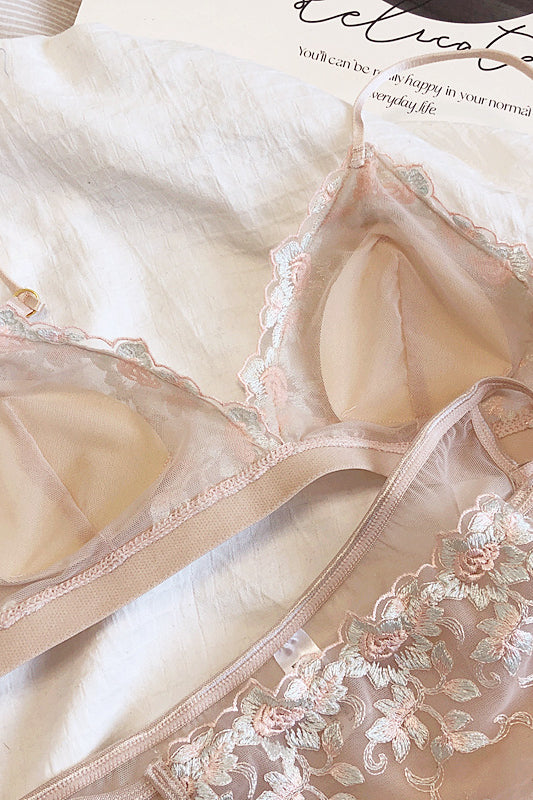 Rose Pink Floral Embroidery Lingerie