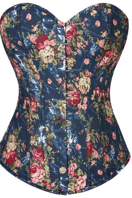 Dark Blue Floral Boned Strapless Lace-Up Bustier Corset Top