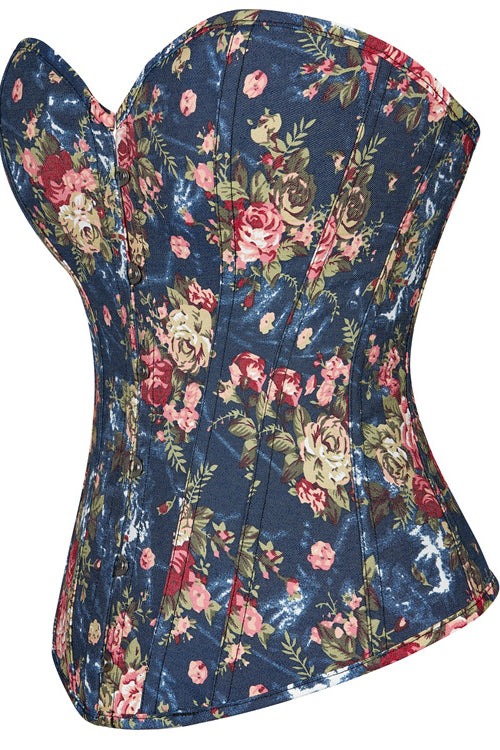 Dark Blue Floral Boned Strapless Lace-Up Bustier Corset Top