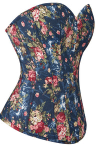 Dark Blue Floral Boned Strapless Lace-Up Bustier Corset Top