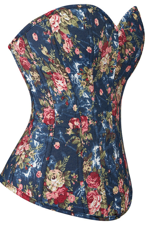 Dark Blue Floral Boned Strapless Lace-Up Bustier Corset Top