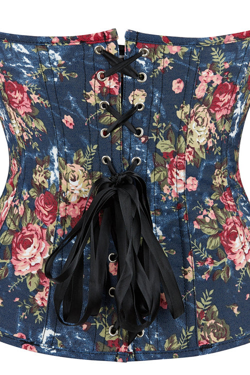 Dark Blue Floral Boned Strapless Lace-Up Bustier Corset Top