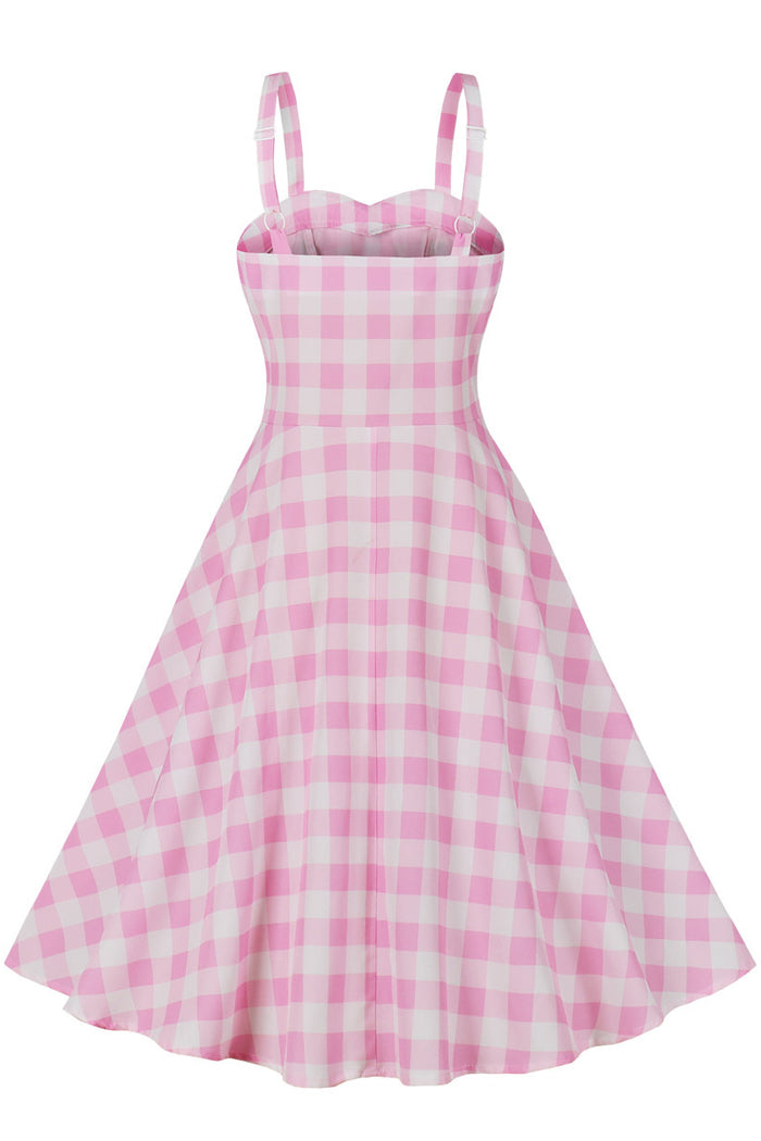 Pink Plaid A-line Folded Neck Slip Vintage Dress