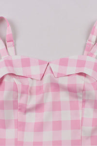 Pink Plaid A-line Folded Neck Slip Vintage Dress