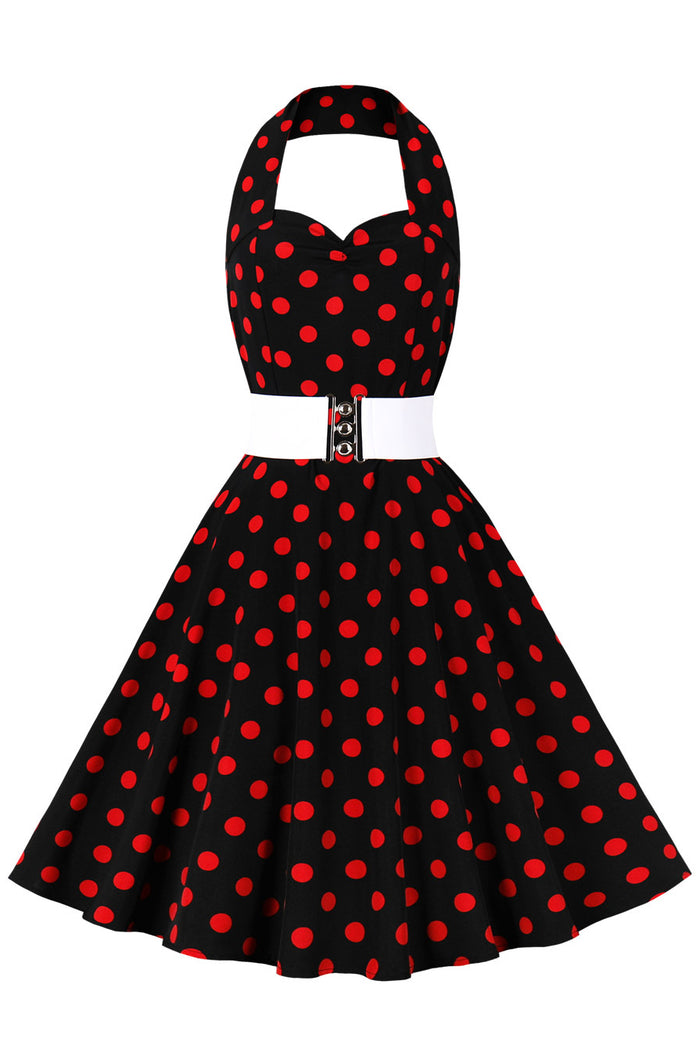 Black Halter Red Dot A-line Vintage Dress