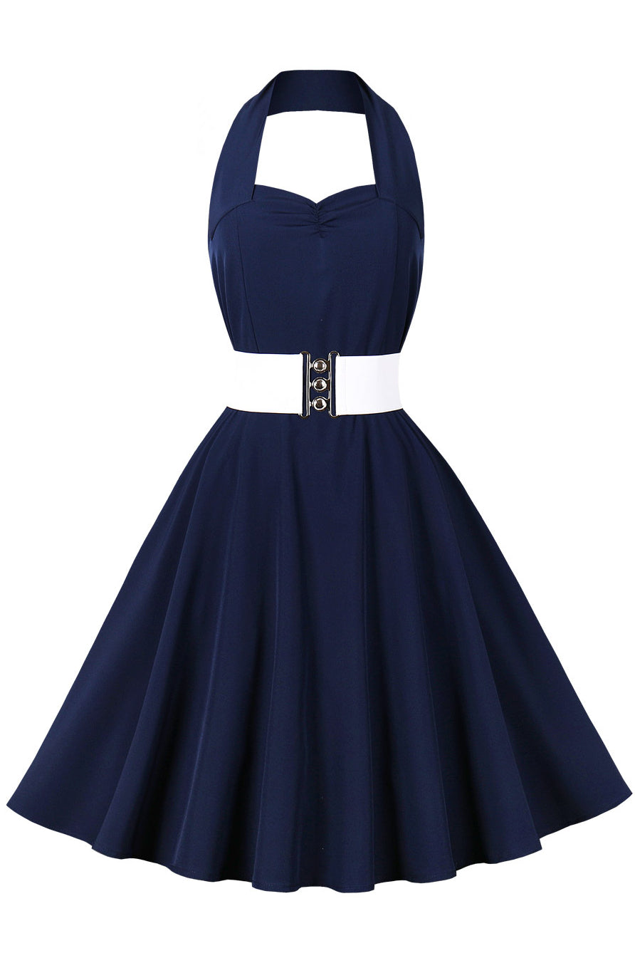 Navy Blue Halter Red Dot A-line Vintage Dress