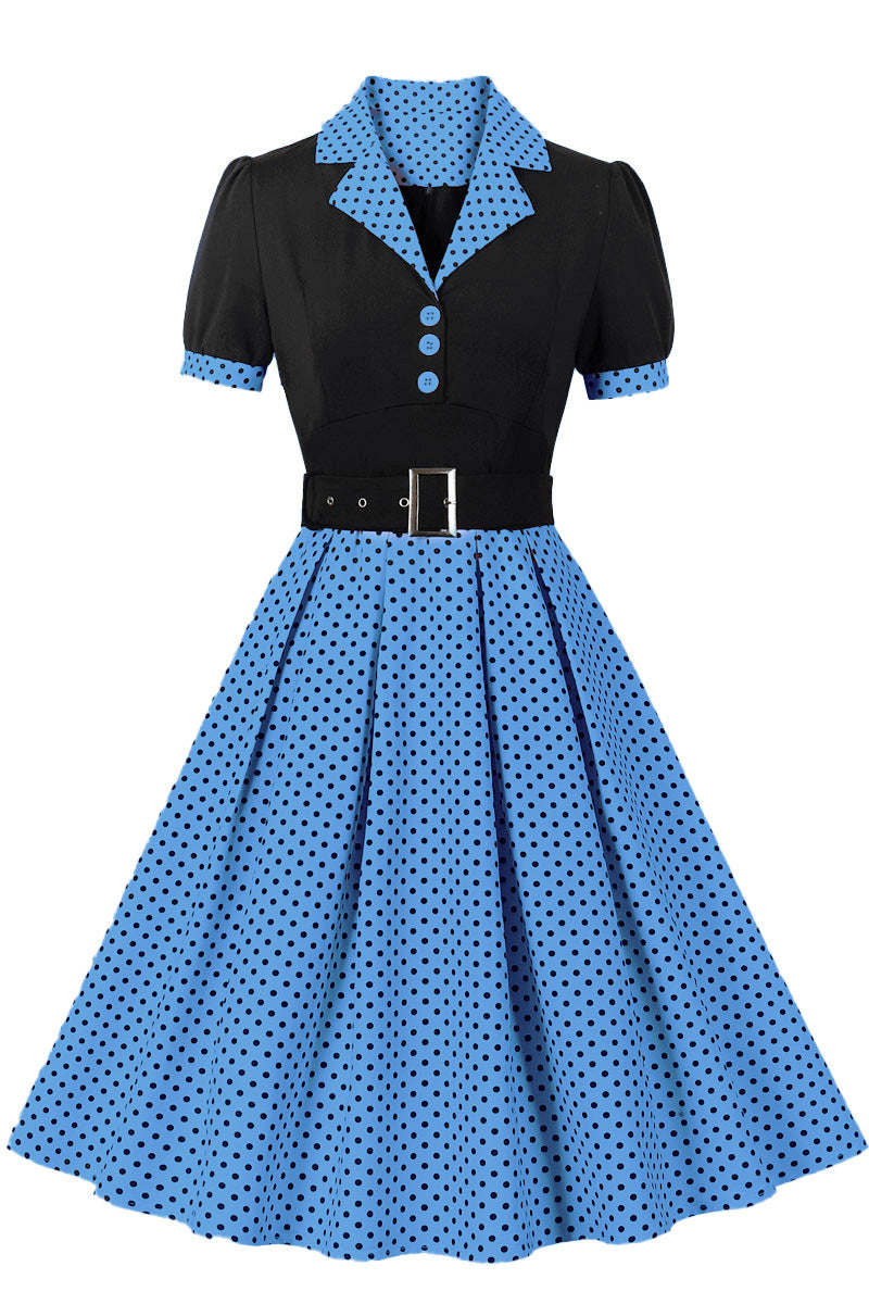 Blue Lapel Short Sleeves A-line Dot Vintage Dress