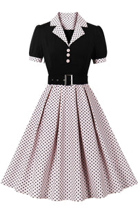 Dusty Pink Lapel Short Sleeves A-line Dot Vintage Dress