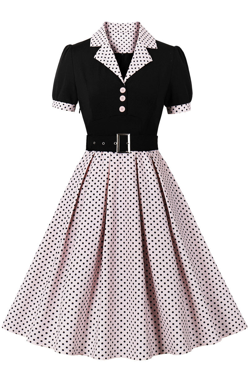Dusty Pink Lapel Short Sleeves A-line Dot Vintage Dress