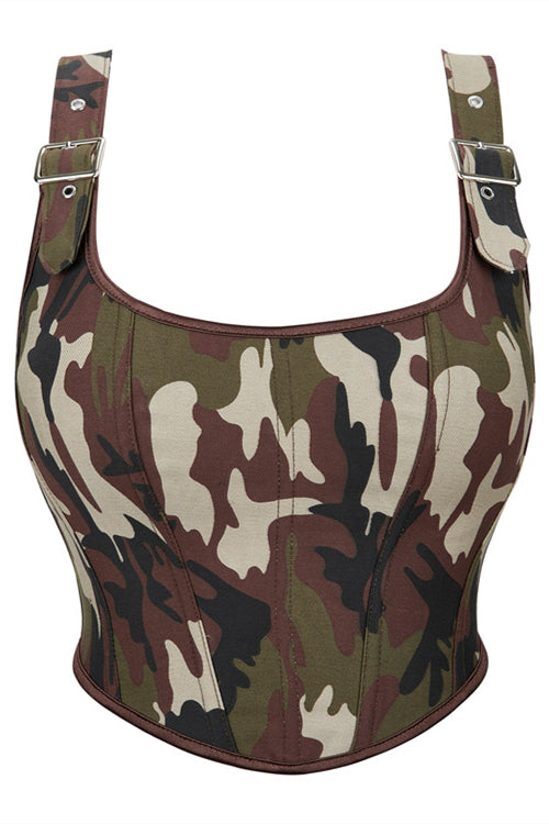 Green Camouflage Lace-Up Retro U Neck Bustier Corset Top